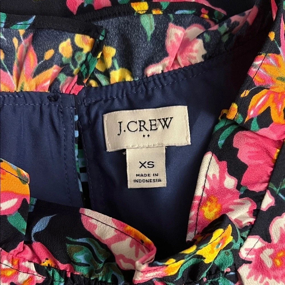 J. Crew Printed Ruffleneck Top Blouse Navy Floral Size XS